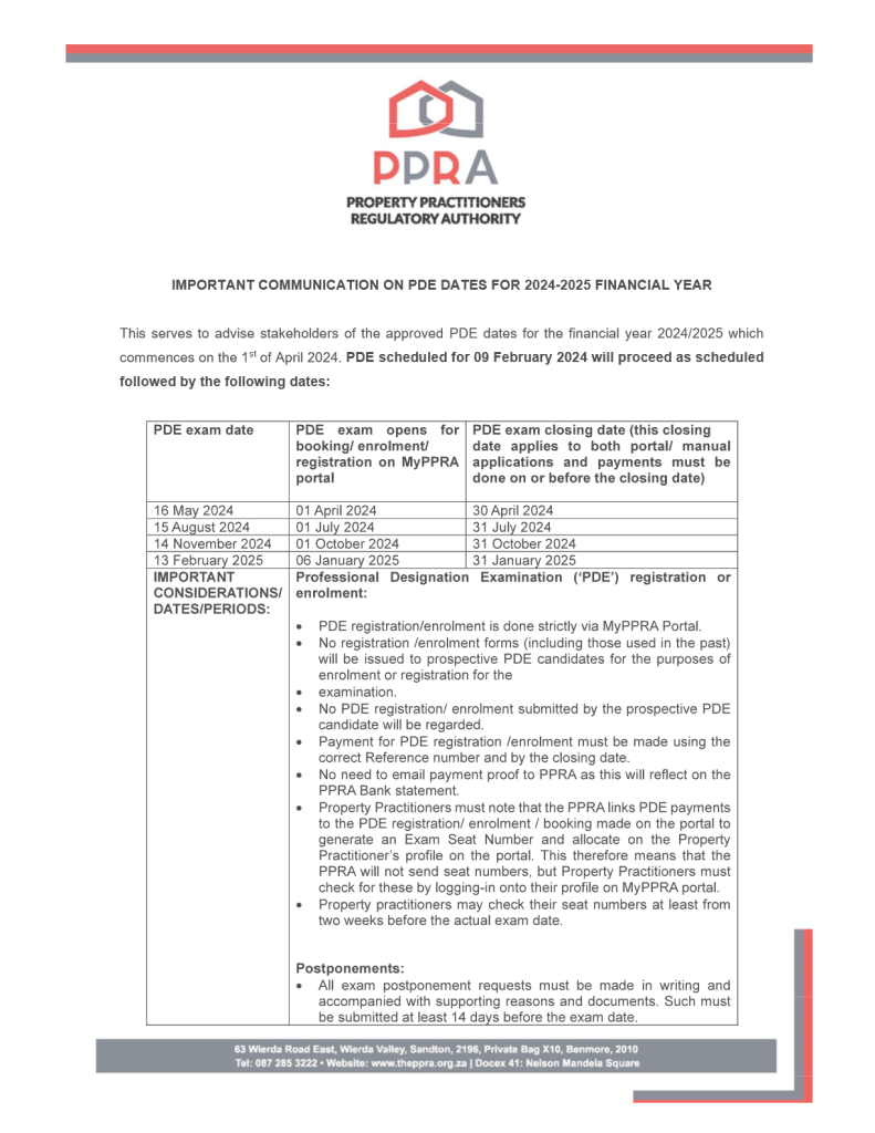 IMPORTANT COMMUNICATION ON PDE DATES FOR 2024-2025 FINANCIAL YEAR